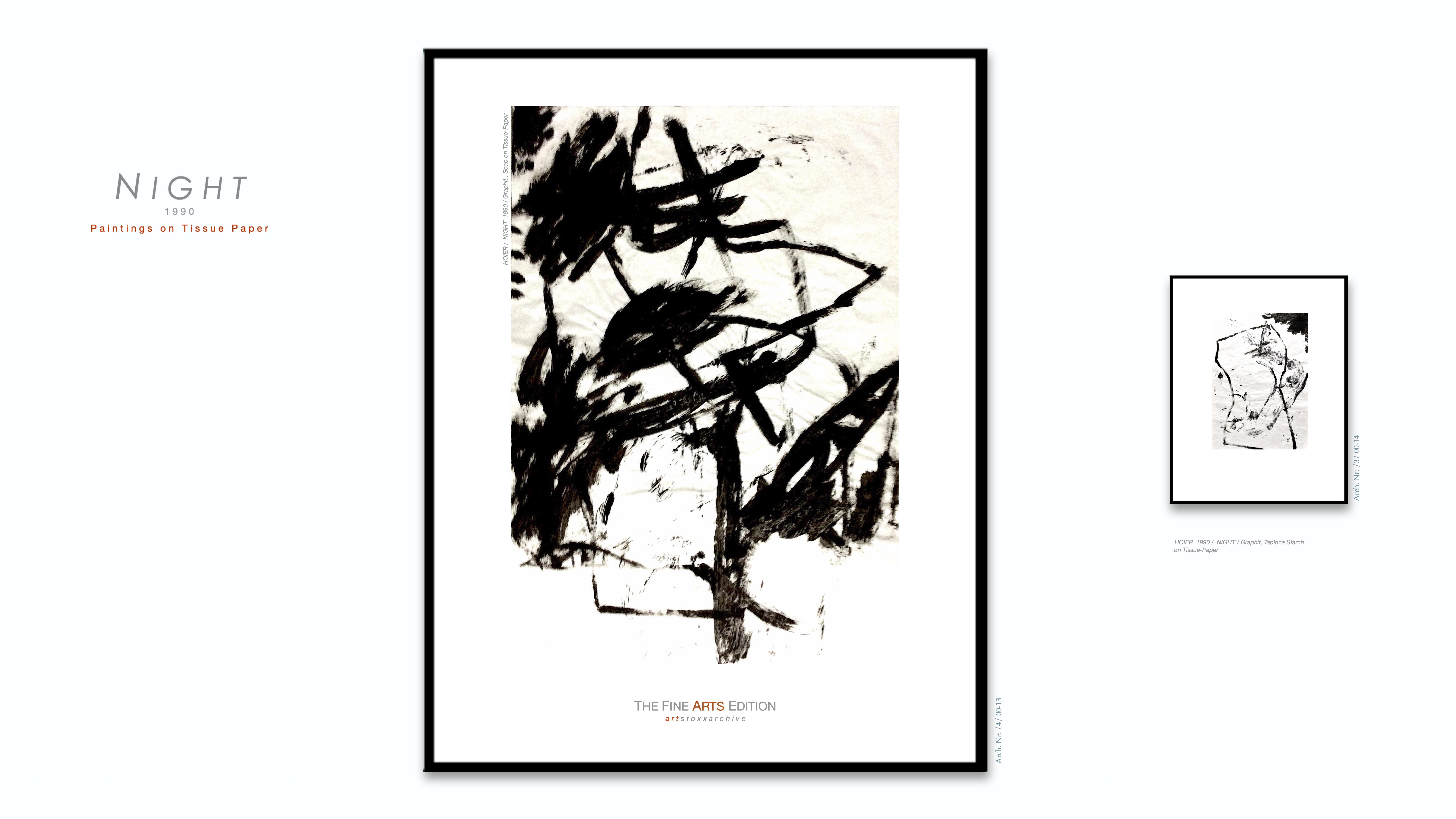 NIGHT / Heiner H. Hoier / Hoier.works / Bild gross Arch. Nr.: / 4 / 00-13 / 1990 Graphit, Soap on Tissue Paper / Bild klein Arch. Nr. / 3 / 00-14 / 1990 Graphit, Tapioca Starch on Tissue Paper